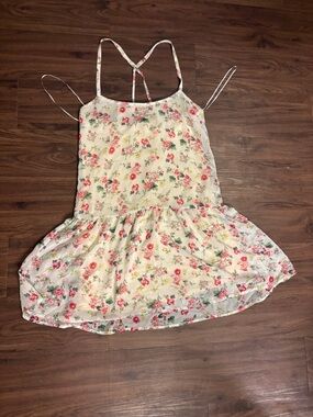 Hem & Thread Cream Floral Sundress with Pink & Green Flowers